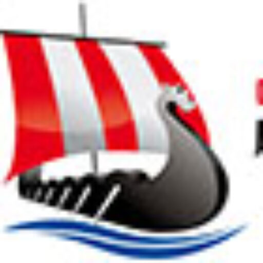 Vaisseau viking stylisé avec voile rouge et blanc sur l’eau, style cartoon.